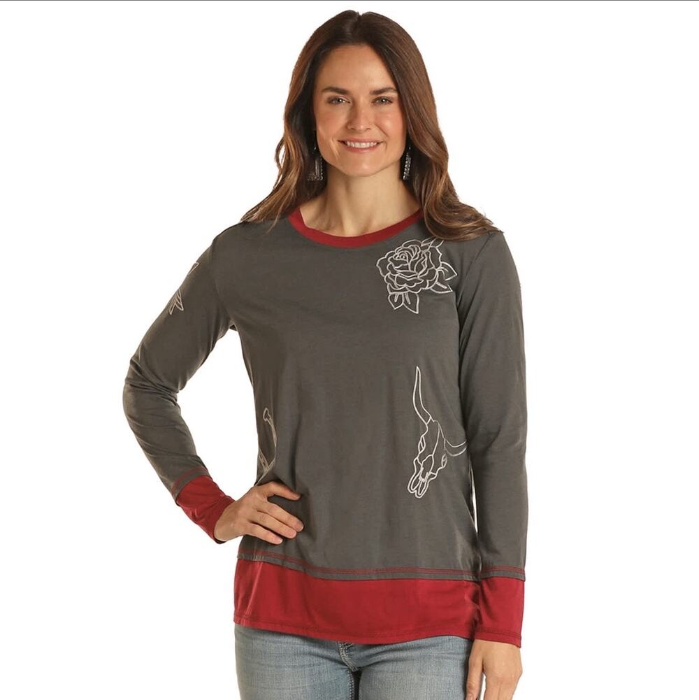NWT Panhandle Women's Layered Long Sleeve Embroidered Top Size XL